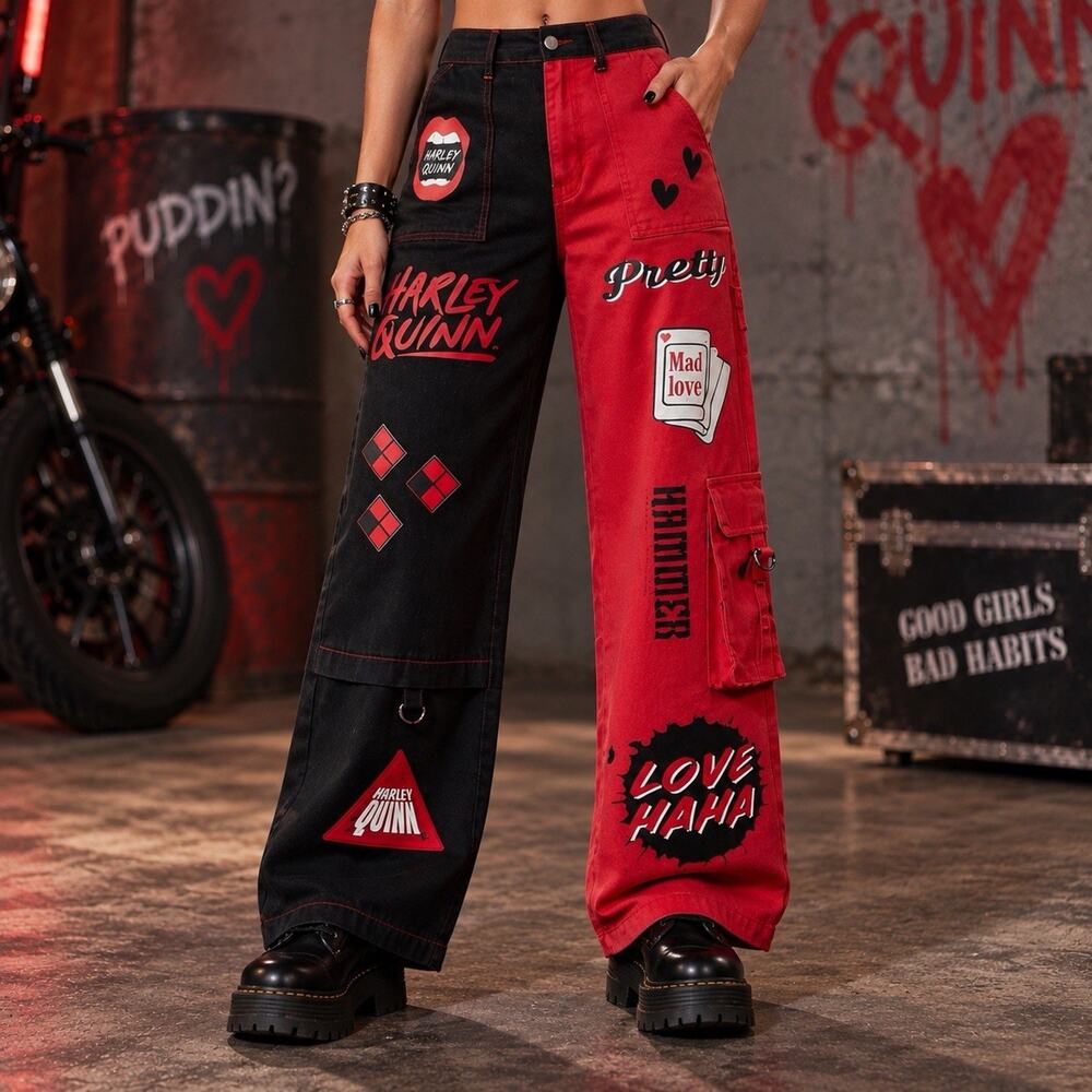 NWT Harley Quinn x ROMWE Cargo Jeans L 8 10 Red Black Graphic Baggy DC Comics